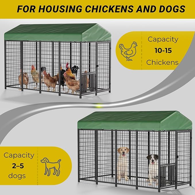 YOHKOH Chicken Enclosure, 8'W x 4'D x 5.6'H Large Outdoor Poultry Coop with Waterproof Cover, Metal Walk-in Chicken Coop for 15 Chickens Ducks Rabbits, Sturdy Heavy-Duty Black Poultry Pen