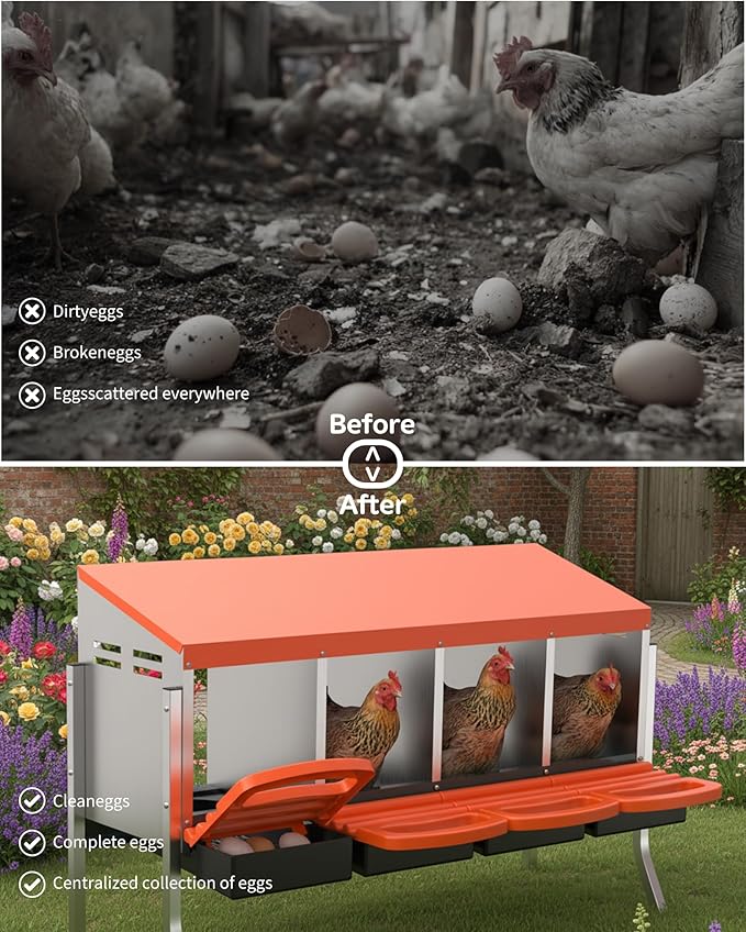 Chicken Nesting Boxes, 4 Hole Metal Rollaway Nest Box for Laying Hens with Cleanable Pull-Out Trays Wall Mount or Placed Design for Easy Egg Collection & Cleaning(Includes Legs)