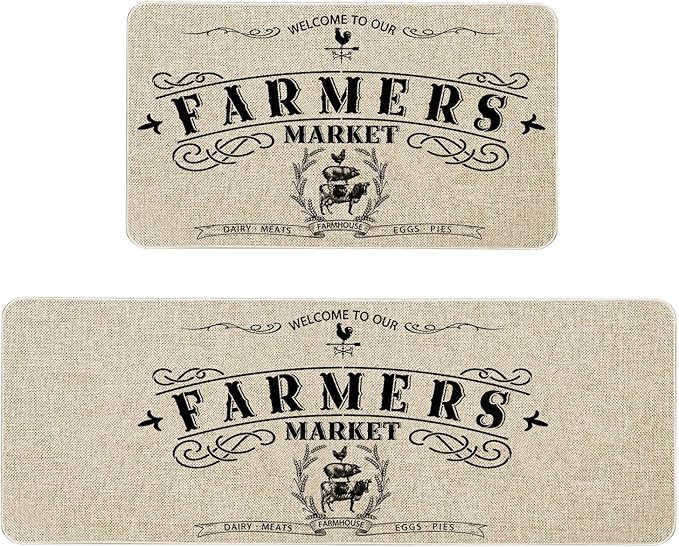 Roszwtit Farmhouse Kitchen Rugs and Mats Set of 2, Farmhouse Kitchen Mat, Seasonal Holiday Cooking Sets Low-Profile Non-Slip Floor Mats for Home Kitchen Decor - 17x29 and 17x47 Inch