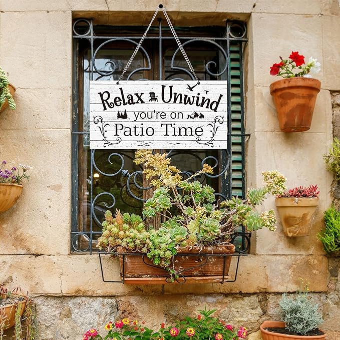 Hotop Patio Decor Patio Sign Decorations Outdoor Metal Porch Wall Decor Rustic Farmhouse Wall Art for Backyard Porch Balcony Gazebo Accessories(12 x 6",White)