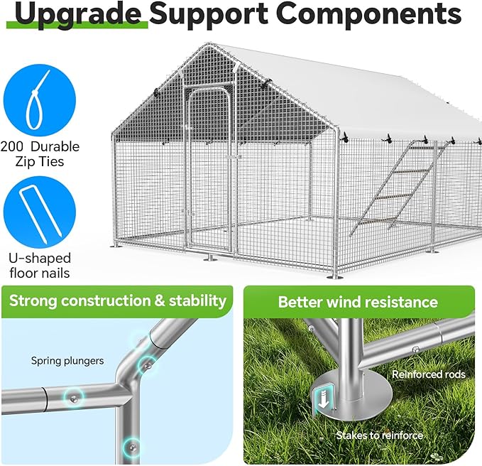 Large Metal Chicken Coop Run with Roosting Perch, Outdoor Poultry Cage with Heavy Duty Wire Mesh and UV-Resistant Cover for Chickens Use, Spire Roof (8.9'W x11.8'L x 6.6'H)