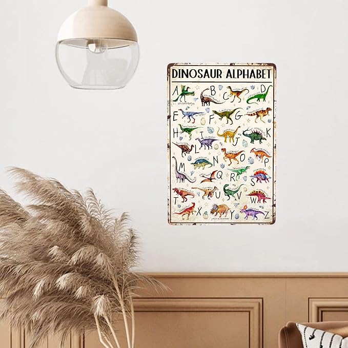 JOCASA Dinasaur Alphabet Vintage Metal Poster Sign Decor-Retro Aluminum Metal Tin Sign for Home Wall Decor, Garden, Bedroom, Signs Gift,12''x 8''