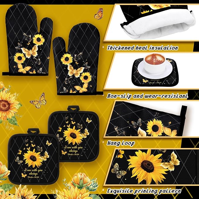 10 Pcs Sunflower Butterfly Kitchen Dish Towels Rugs Oven Mitts and Pot Holders Set Farmhouse Kitchen Decor Set for Women Mom Daughter Gift Cooking Baking Grilling (Bright Black)