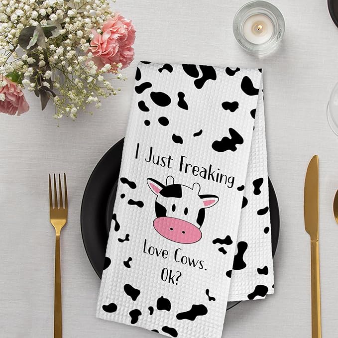Funny Cute Cow Gifts Kitchen Towel and Dish Towel, I Just Freaking Love Cows Ok Hand Towels, Cute Cows Decorative Hand Dish Tea Towels for Nursery Bathroom Kitchen,Gifts for Cow Lovers 16x24