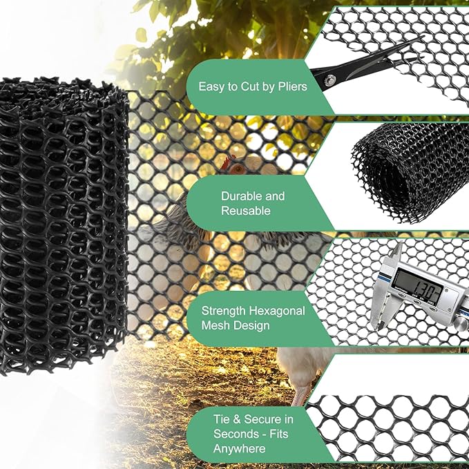 1-Pack Floral Chicken Wire Mesh, 3.9 in x 9.8 ft Plastic Hexagonal Chicken Wire Fencing with 50 Garden Ties for Crafts/Poultry Netting/Garden/Plant Protection [Black]