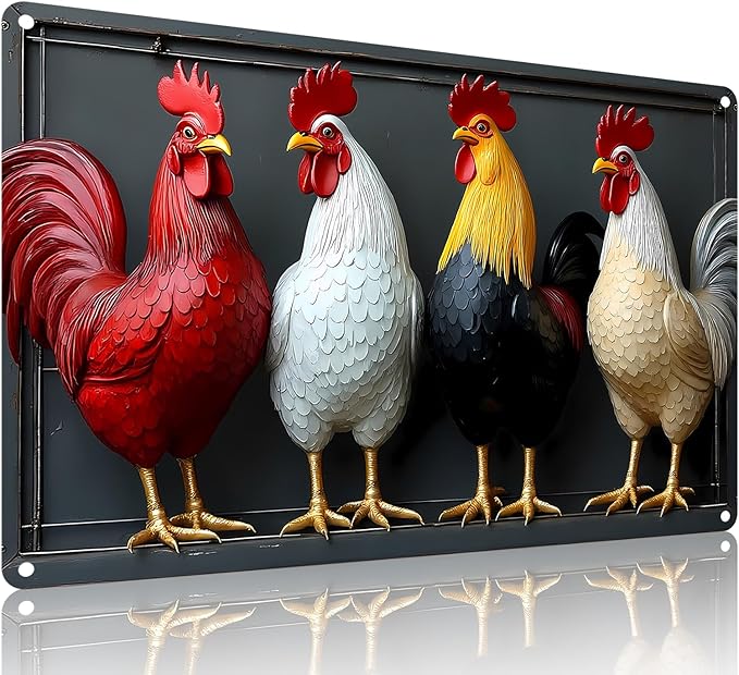 FunnySign Chicken Gifts Rooster Décor Four Rooster Not 3D Rustic Tin Sign for Home Farm Chicken Coop Decor 8x12 Inch (9704)