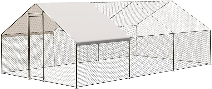 Large Metal Chicken Coop, Large Chicken Pen, Chicken Runs for Yard with Waterproof and Anti-UV Cover, Duck Rabbit House Outdoor (9.8'L x 19.7'W x 6.5'H)