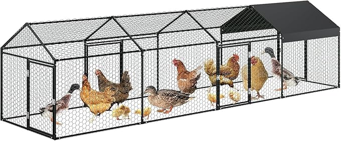 PioneerWorks 160"x40"x40" Large Walk-in Chicken Coop with Waterproof Cover, 4-Door Metal Poultry Run for Chickens, Ducks, Rabbits & Geese, Outdoor Animal Enclosure for Yard, Black