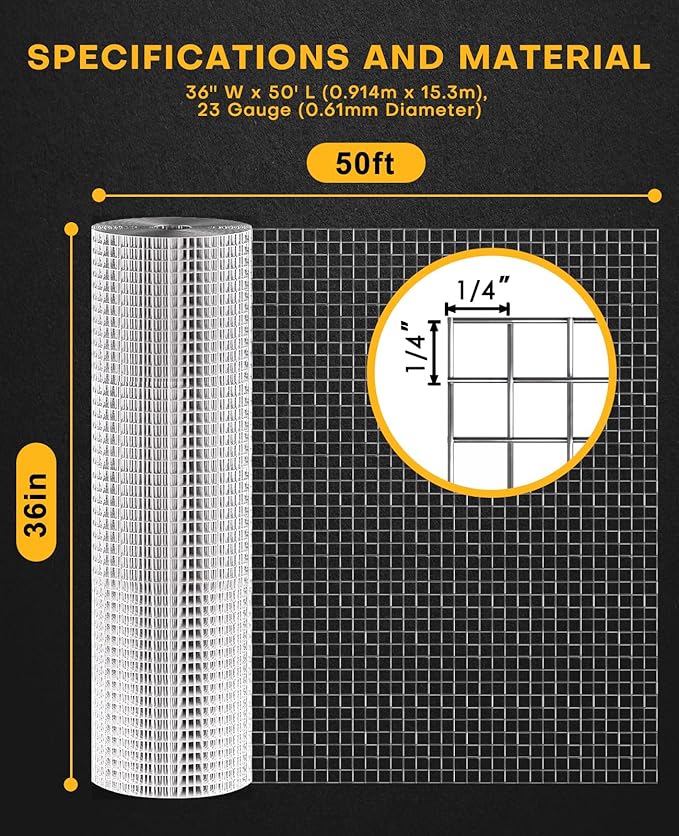 Hardware Cloth 36'' x 50' 1/4 inch Square Openings - 23 Gauge Hot-Dip Galvanized Wire Mesh, Welded Cage Wire Rolls Great for Animal Enclosure Chicken Coop Flower Beds Rabbits Wire Fencing