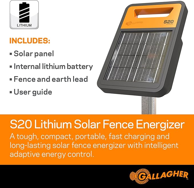 Gallagher S20 Solar Electric Fence Charger with 3,280 Ft Poly Wire | Complete Electric Fence Kit for Livestock, Gardens, and Predator Control | Solar Powered Energizer with Polywire Rolls