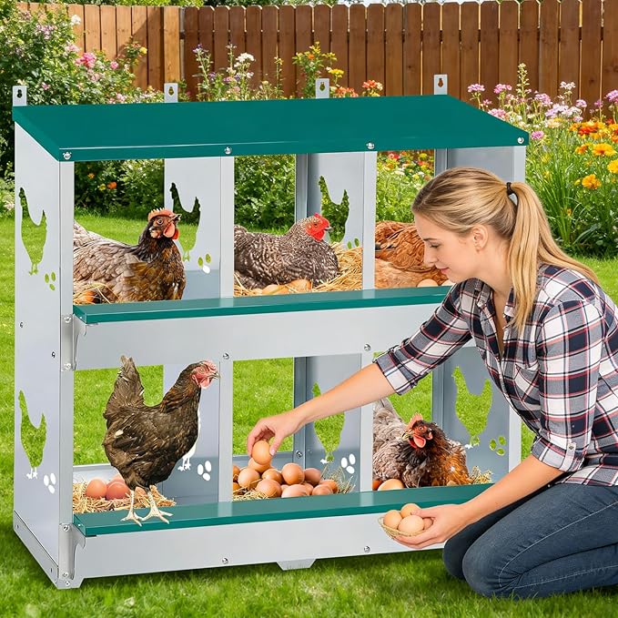 Garvee Large Metal Chicken Nesting Boxes for Hens, 6 Compartment Galvanized Steel Nesting Box, Includes 4 Fake Eggs & 10 Soft Nest Pads Pads, Wall Mount or Freestanding for Coop & Farm