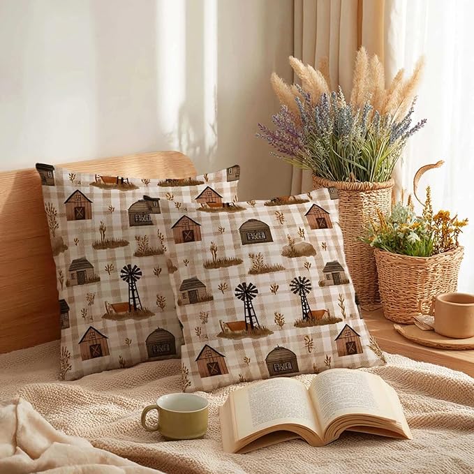 Barn Gingham Farmhouse Throw Pillow Covers 18x18 Inch, Set of 2 | Country Rustic Square Cushion Cases for Couch Sofa Living Room | Neutral Beige Home Decor, Decorative Pillowcases
