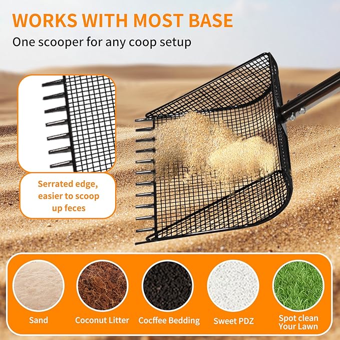 Chicken Poop Scooper & Rake 2-in-1 Metal Coop Shovel,Adjustable Stainless Steel Handle,Cleaning Tools for Chicken Coops & Farm Animals Scoop for Litter Scooper Sand Sifting Shovel Chicken Coops