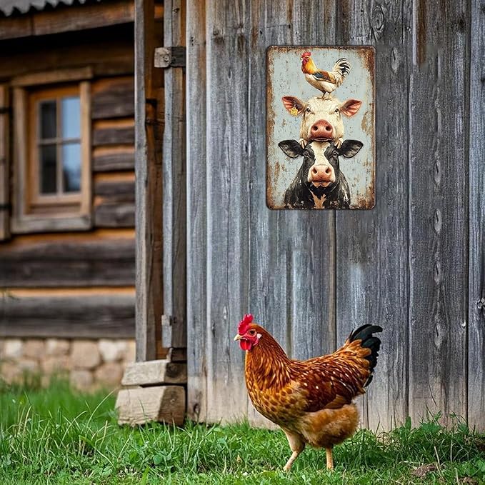 Vintage A Pig Cow Chicken Metal Sign Rustic Home Kitchen Coffee Garden Farmhouse Chicken Coop Wall Decor Ruster Tin Poster 12x8 Inch