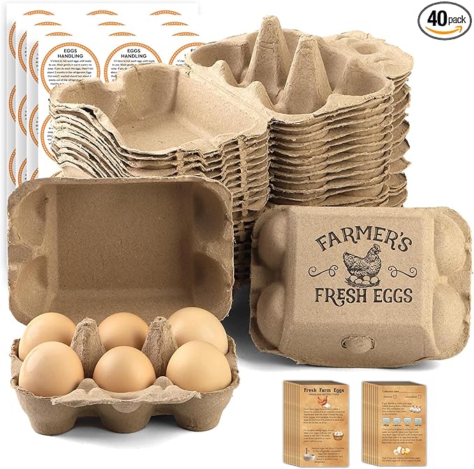 40 Pack Egg cartons 2x3 Style Half dozen egg cartons Bulk 6 Count Reusable Paper pulp egg storage tray Sturdy egg containers with instruction cards and stickers for Family Farm Market