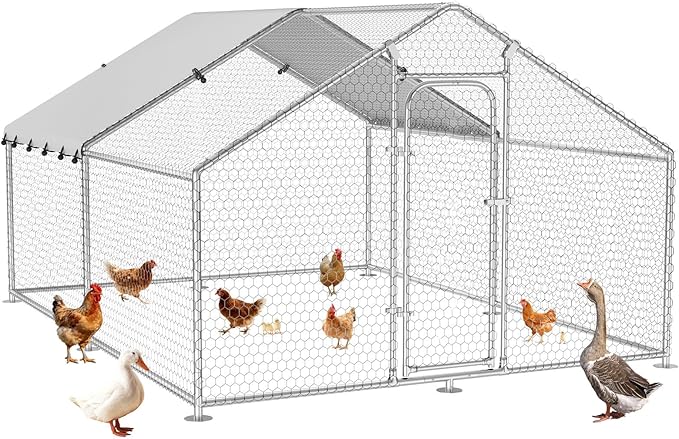 Large Metal Chicken Coop with Waterproof and UV-Resistant Cover, Outdoor Walk-in Cage Hen House for Yard Farm Rabbit Duck Chicken Run Spire Roof (10’ W x 13.2’ L x 6.4’ H)
