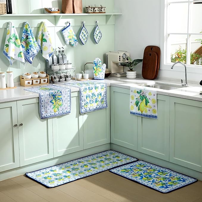 10 Pcs Kitchen Dish Towels Rugs Oven Mitts and Pot Holders Kit Farmhouse Kitchen Decor Set Gloves Vintage Potholders for Baking Cooking Chef(Blue, White, Lemon)