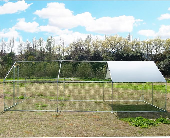 Large Metal Chicken Coop Walk-in Poultry Cage Hen Run House Habitat Spire Shaped Cage with Waterproof and Anti-Ultraviolet Cover for Outdoor Backyard Farm Use (19.68’ L×9.84’ W)