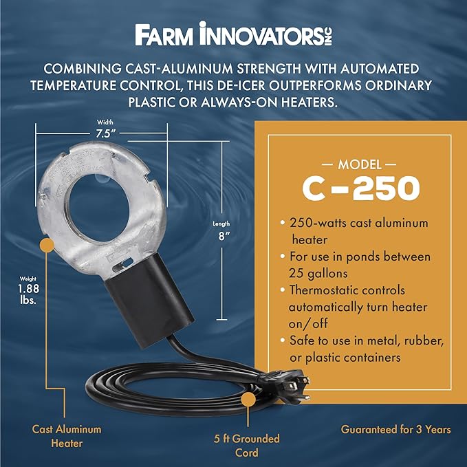 Farm Innovators Utility De-Icer for up to 25 Gallon Container - 250W Water Deicer- Ice Chaser Cast Aluminum Design for Plastic or Metal Water Container