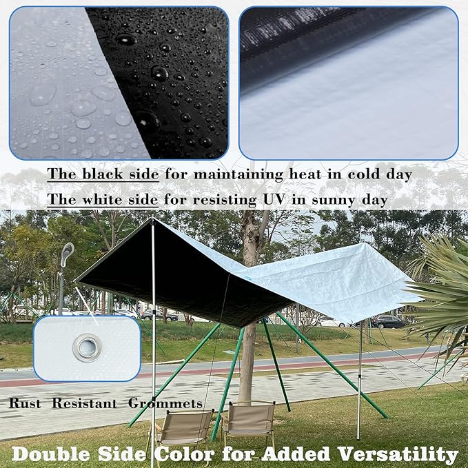 UCINNOVATE 10' x 10' Heavy Duty Waterproof White/Black Reversible Tarp, Durable 14 Mil Tarp Cover with Grommets, UV Resistant Reinforced Ground Sheet Cover for Garden Patio Lawn Greenhouse or Boat