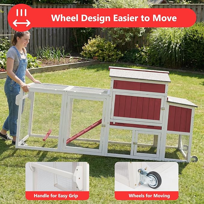 78" Wooden Chicken Coop with Nesting Box, Poultry Cage with Wheel Leak Proof Pull-on Tray and Asphalt Waterproof Roof, Hen House for Garden Backyard Farm