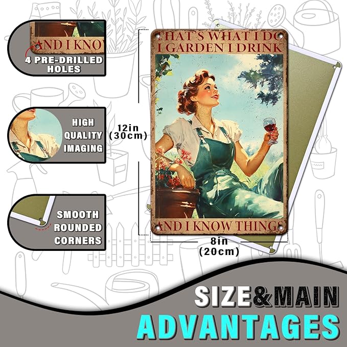 PEACHGARDEN Funny Garden Sign Woman‘s Gift Lady That's What I Do I Garden I Drink and I Know Things Outdoor Decor for Home Porch Patio Gardening Shed 8x12inch