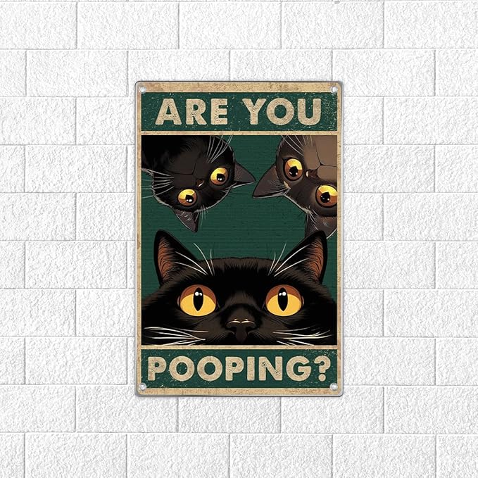 Funny Black Cat Are You Pooping Metal Sign Vintage Bathroom Wall Decor Humorous Art For Restroom Home Decoration 8 x 12 Inch Indoor Aluminum Outdoor Kitchen