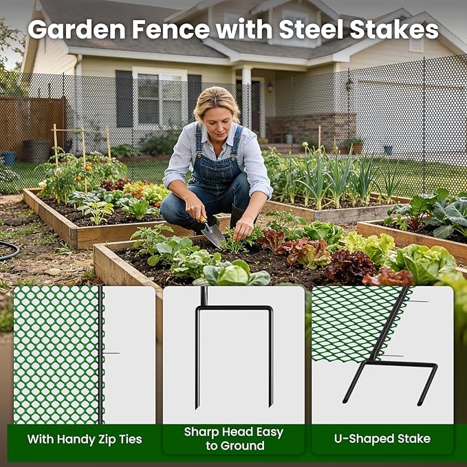 DoCred Plastic Fence with Stakes, 39.4in x 82ft Portable Poultry Fencing Net Mesh for Chickens & Dog, Temporary Gardening Fence Pet Barrier for Backyards, Vegetable Gardens, Lawn & Outdoor Decoration