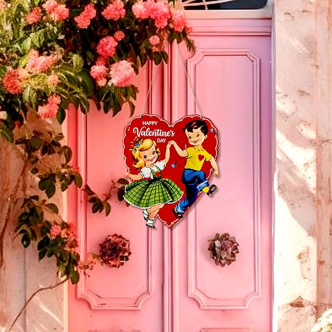 Laffact Vintage Valentine Door Sign - 2Pcs Red Heart Boy Girl Happy Valentine’s Day Door Sign Rustic Farmhouse Hanging Wooden Signs Wall Plaque Retro Valentine Sweet Decor for Home Front Door Window