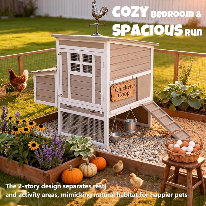 2-Story Wooden Chicken Coop, Outdoor Poultry House with Removable Leak-Proof Tray, 3 Nesting Boxes, 2 Perches Ventilation Metal Mesh, Rabbit Hutch for Small Animals, Backyard, Garden