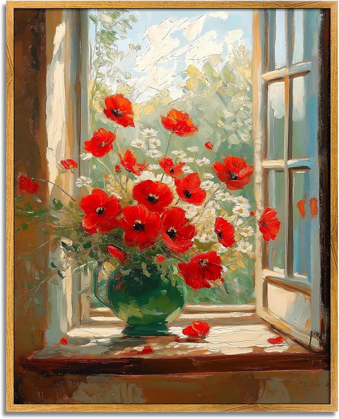 Window Floral Canvas Modern Poppy Art Rustic Flower Picture Farmhouse Vintage Prints Red Poppies Paintings Vintage Country Artwork Farmhouse Flower Poster Retro Botanical Prints 8x10 in Framed