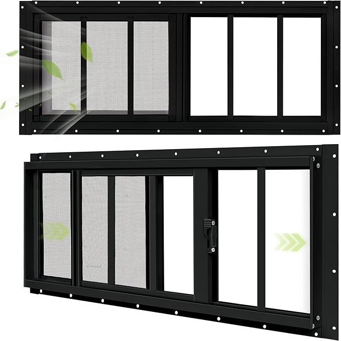 2 Pack Shed Windows, 12"x 29" Black Sliding Window Suitable for Chicken Coop, shed, Household, Barn - Transom Window with Tempered Glass and Fiberglass Screen (BK,12''x 29'')