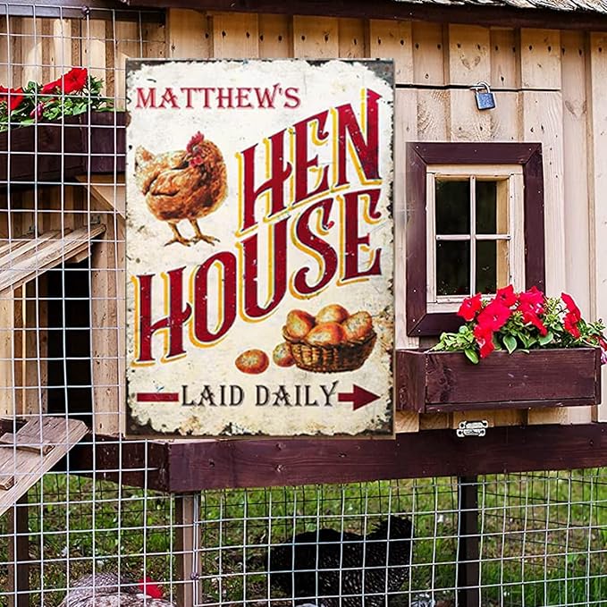 Personalized Fluffy Butt Hut Chicken Coop Sign, Custom Farmhouse Metal Sign with Spoiled Hens Wall Art, Funny Backyard Chicken Decor for Coop, Barn, Farm, Rustic Vintage Style DS1