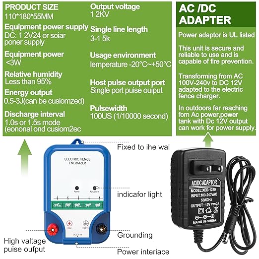 Electric Fence Kit, 8 Mile 12kV 2J Electric Fence Charger AC/DC Powered with 50 Insulators, Socket Tool, 250ft Aluminum Wire for Livestock Control, Predators Deterrent(Classic Ver.,Blue)