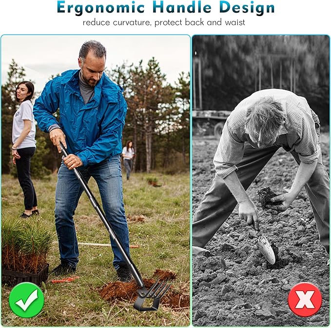 Hoe Garden Tools, 51Inch Gardening Tools for Weeding, Heavy Duty Stainless Steel 4 Tine Hand Garden Rake Cultivator, for Flower Beds, Patio, Garden Loosening Soil Weeding Digging