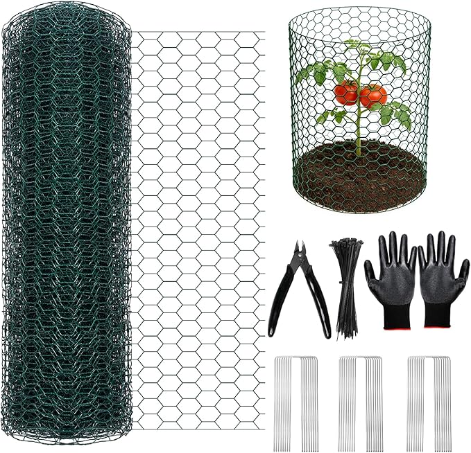 Chicken Wire for Floral Arrangements, 16 Inch x 16.4 Ft Green Chicken Wire Fencing Mesh for Crafts Poultry Garden, 0.6 Inch Hexagonal Galvanized PVC Coated Netting Fence for Outdoor Plants