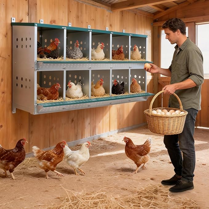 EAGLE PEAK 10-Hole Wall Mounted Chicken Nesting Box, Roll Away Hen Laying Box with Sloped Roof & Easy Clean Tray, Galvanized Steel for Backyard Chicken Coops (Green)