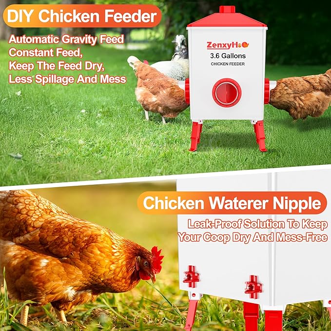 Chicken Feeders and Waterers, 8 Ports Chicken Feeder No Waste and 8 Packs Chicken Water Nipples