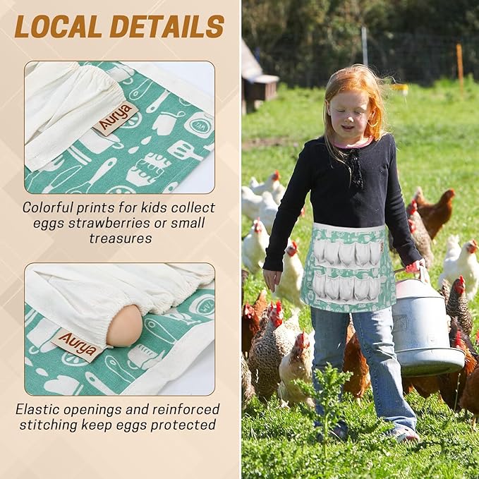 Aurya Kids Egg Collecting Apron - Chicken, Hen, Duck, Goose Gathering Holder for Children