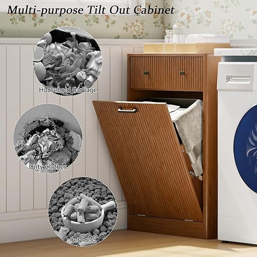 Single 10 Gallon Wood Grain Tilt-Down Trash Can Cabinet with Storage Drawer,Wood Grooved Recycling Cabinet with Wave Texture Hidden Pull-Out Trash Can for Kitchen,Bathroom (Trash Can Cabinet-Walnut)