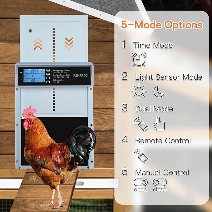 Automatic Chicken Coop Door, LCD Display, 5 Modes, Timer & Light Sensor, Solar Powered & Battery Charging Chicken Coop Door, Weatherproof Automatic Chicken Door with Remote Control