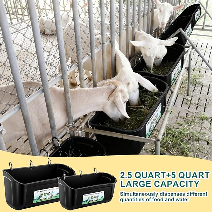 6 Pack Chicken Duck Feeder Waterer Hanging Goat Feeder Trough 2.5 and 5 Quart Livestock Feeding Trough with Scoop & Brush for Pig, Poultry, Fence Feeding, 25 Quart Total (Black)