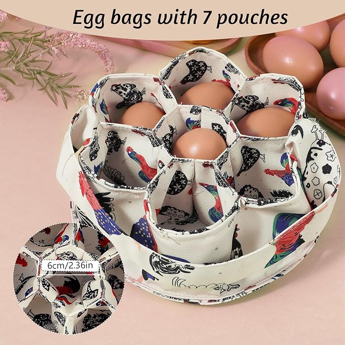 Egg Collecting Basket, 7 Pouches Chicken Eggs Basket for Gathering Fresh Chick Egg Holder Countertop Gifts for Duck Goose Carton Carrier - Beige Canvas