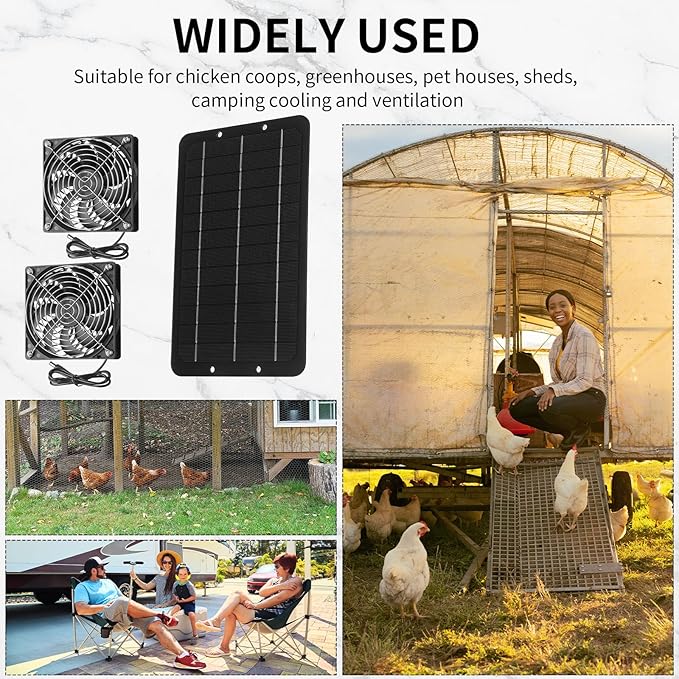 Riakrum Solar Powered Fan Solar Panel Dual Fans Kit 10w 12v Exhaust Fan Outdoor Waterproof for Greenhouse Chicken Coop Pet House Sheds Window(1 Set)