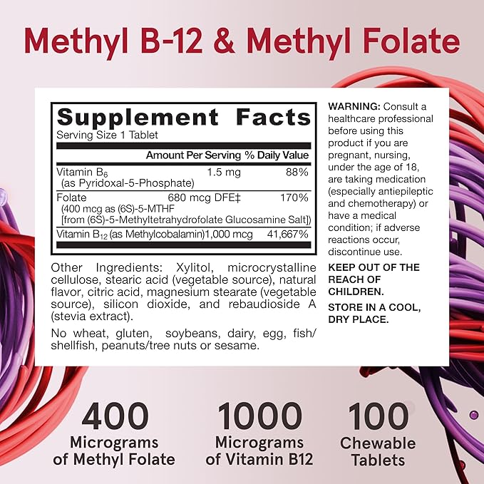 Jarrow Formulas Methyl B-12 & Methyl Folate, Bioactive Vitamin B9 & Vitamin B12 Supplement, Supports Cellular Energy Production, Healthy Brain Function & Metabolism, 100 Chewable Tablets, 100 Servings