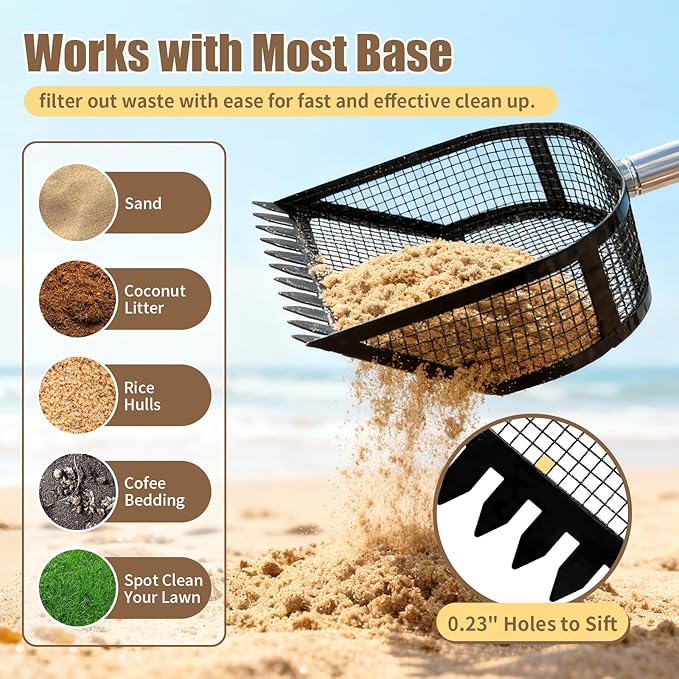 Chicken Poop Scooper & Rake 2-in-1, Pooper Scooper with Large Sifting Shovel, Adjustable Stainless Steel Handle (24"-68"), Chicken Coop Litter Scoop & Cleaning Tool for Farm Animals