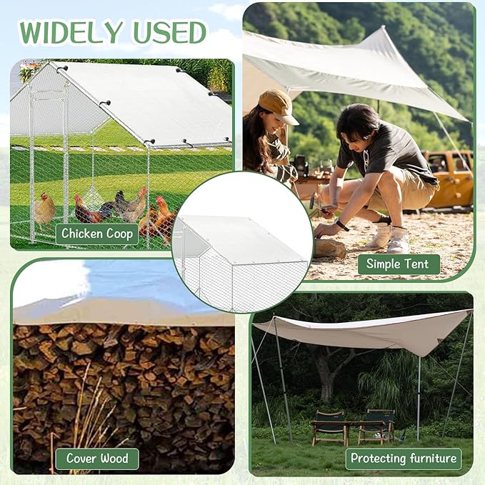 2 PCS Outdoor Chicken Coop Cover with 40 Piece Ball Bungee Cord ，Waterproof and Sunproof Enclosure Chicken Coop Tarp for Outdoor Large Walk-in Pens (only Cover,White, 11.5 x 6.5 ft)