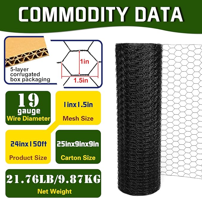 Premium Black Chicken Wire Fencing24inx150ft, PVC Coated Chicken Wire, Poultry Netting, Galvanized Chicken Wire Barrier for Floral Arrangements/Craft Projects/Pet/Rabbit