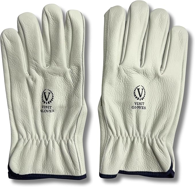 Leather Work Gloves, Light Beige Cow Grain, Straight Thumb Design with Tape Binding (GB-213.14 ST)