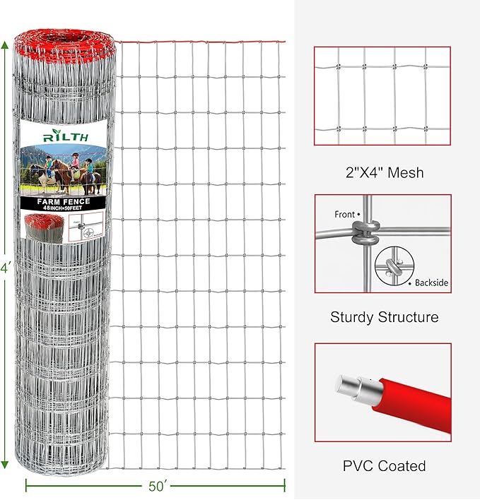 4x50ft Heavy Duty Horse Fence, 2x4 Inch Mesh, Rust-Resistant Metal Wire Farm Fencing for Livestock, Pasture, Garden, and Animal Containment